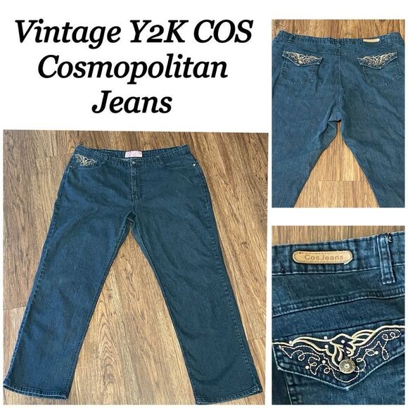 Vintage Y2K COS Cosmopolitan Jeans Stretchy Jeans Blue With Gold Embroidery 20W - Picture 1 of 13